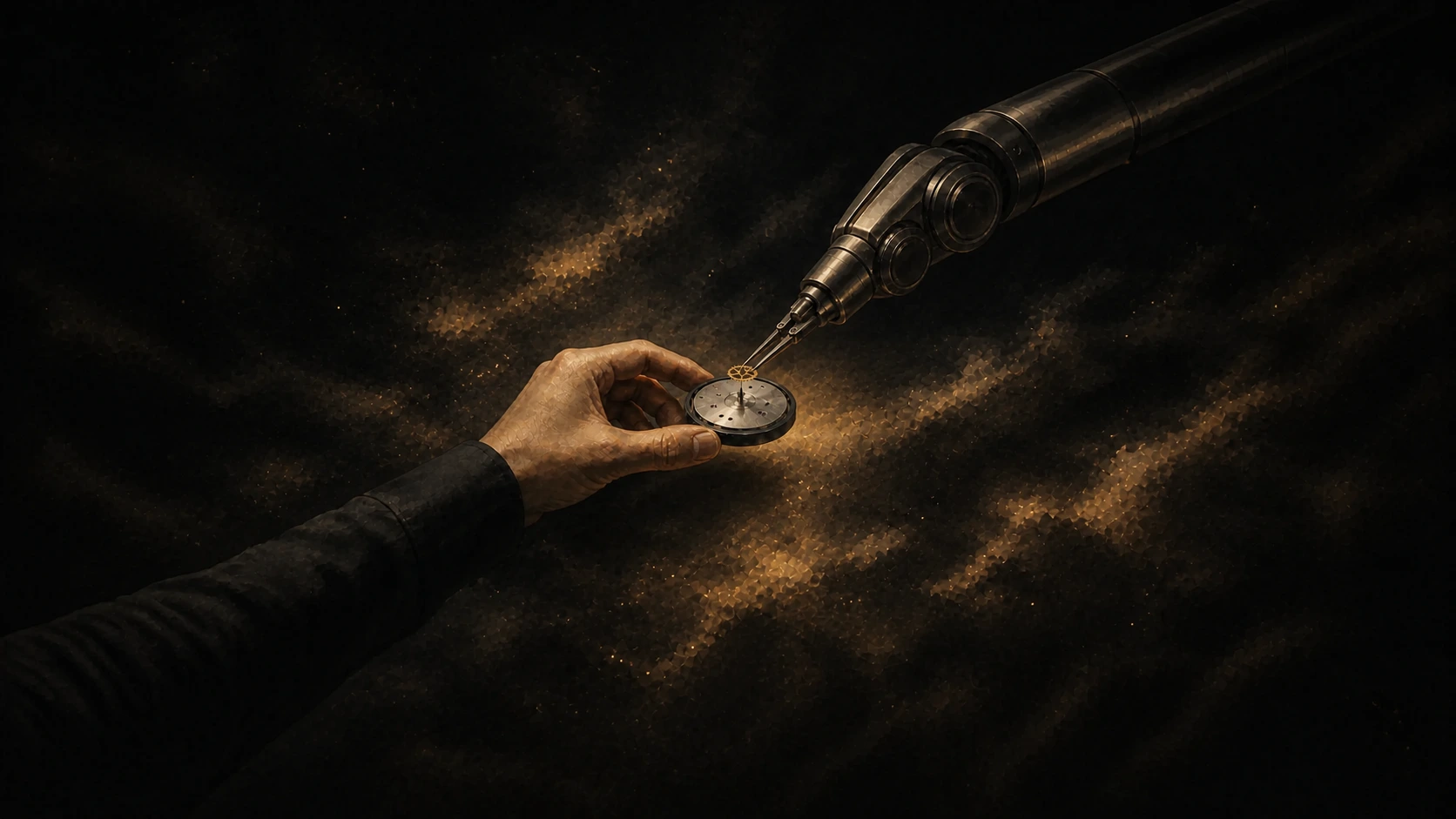A human hand and an articulated robot arm assemble a precision timepiece over a dark copper work surface