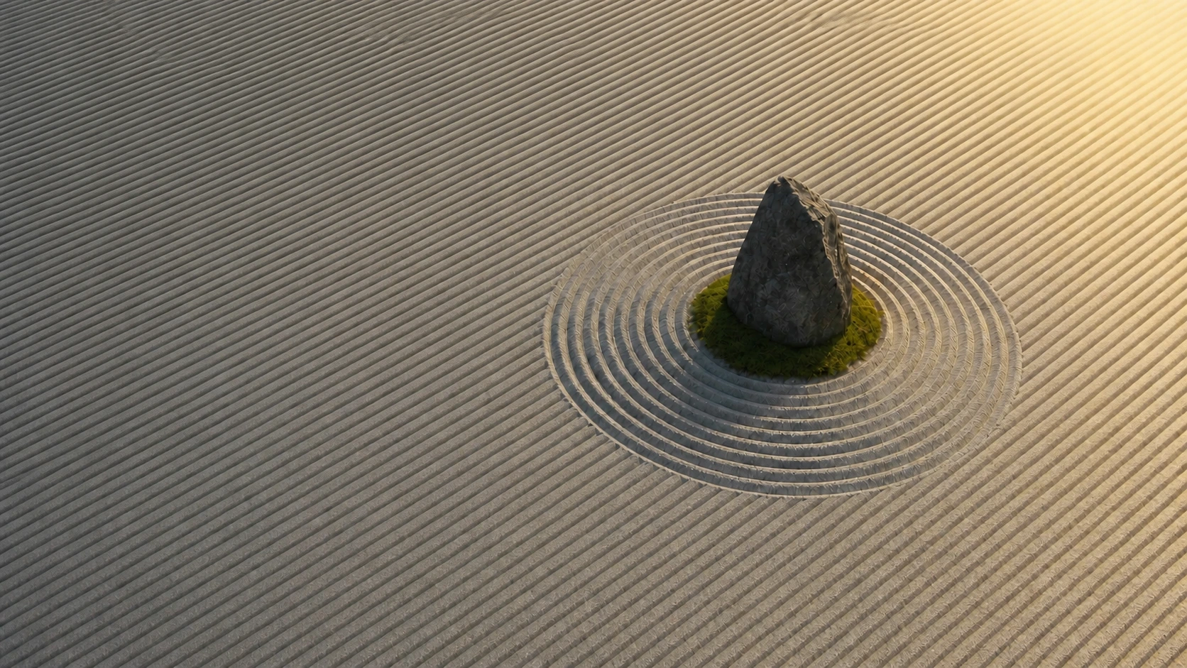 A single moss-rooted stone surrounded by concentric rings in a pale raked garden crossed by shadow