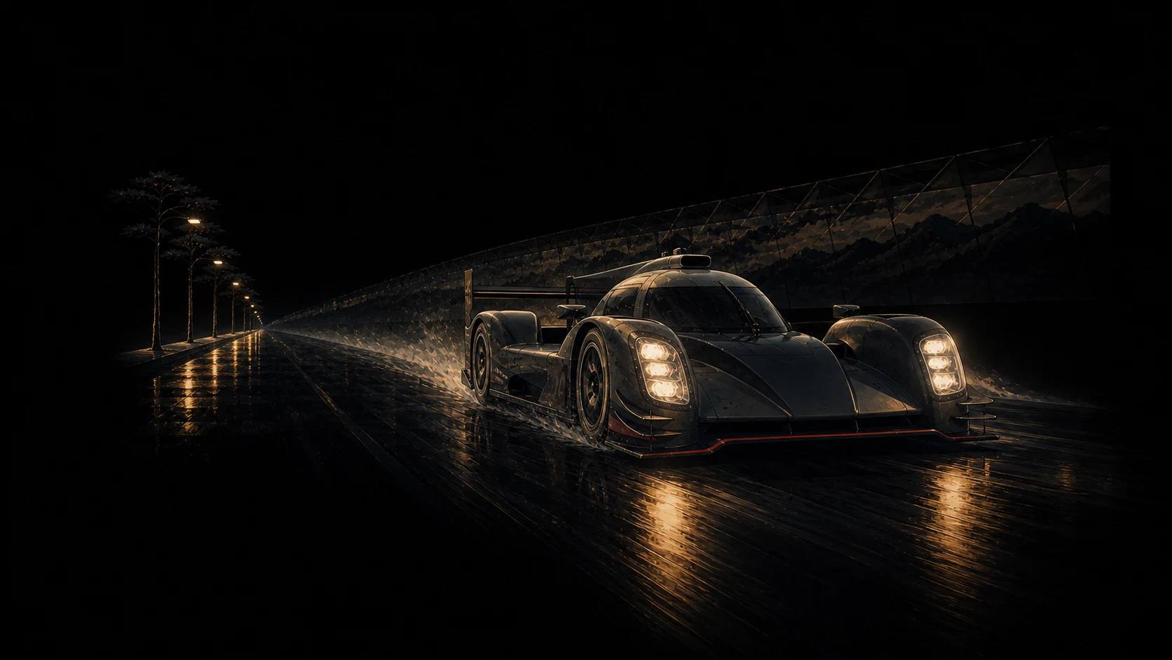 A clean endurance prototype accelerating along a narrow wet track in darkness
