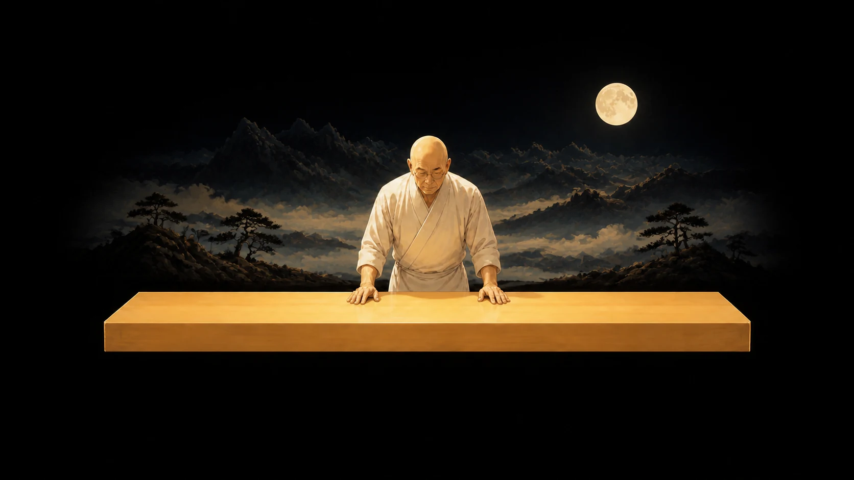 A sushi master bows at a luminous hinoki counter before a moonlit mountain diorama